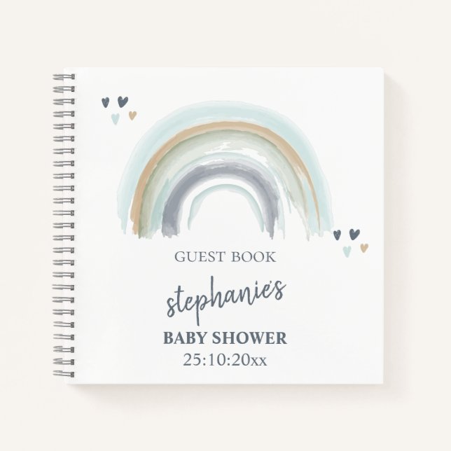 Baby Shower Blue Boho Rainbow Gästebuch Notizbuch (Vorderseite)