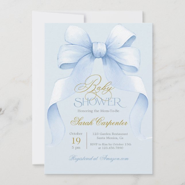Baby shower Blue Bow Invitation garçon (Devant)