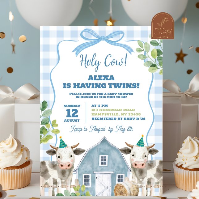 Baby shower Blue Boy Cow Twins Invitation (Créateur téléchargé)