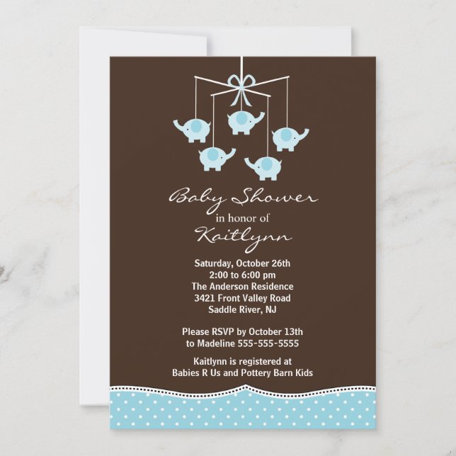 Baby shower Blue Elephant Mobile Boy Invitation (Devant)