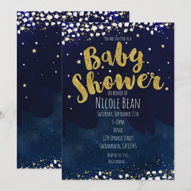 Baby shower Blue & Gold Starry Invitations nocturn (Devant / Derrière)