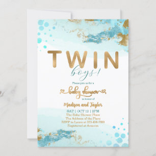 Baby shower Blue Gold Twin Boy Invitation