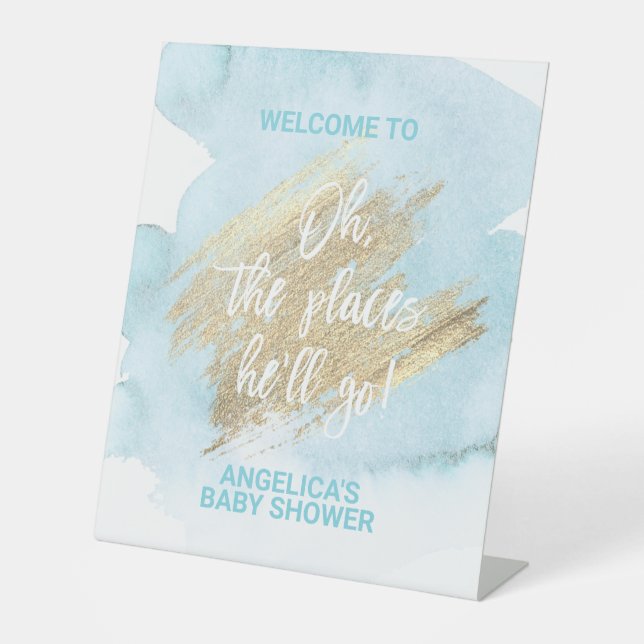 Baby Shower Blue Gold Watercolor BOY Sockelschild (Vorderseite)