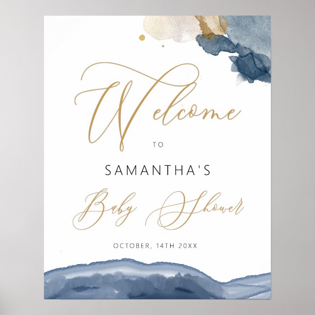 Baby shower Blue Navy & Gold Boy Affiche de bienve (Devant)