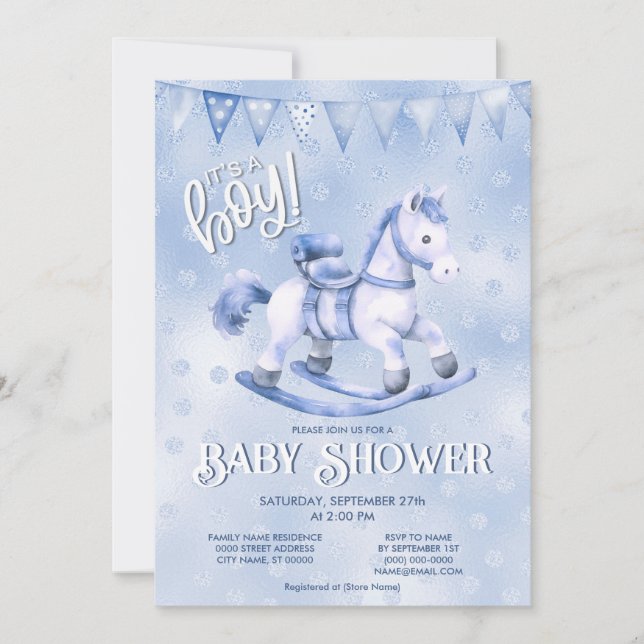 Baby shower Blue Rocking Horse Invitation (Devant)