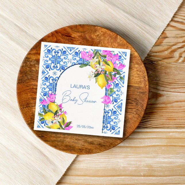 Baby Shower Blue Tiles Lemons bougainvillea Serviette (Baby Shower Blue Tiles Lemons bougainvillea template Napkins personalized baby shower tableware)