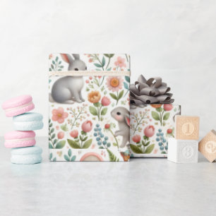 Baby-Shower-Blumen mit Hasen Aquarell Geschenkpapier