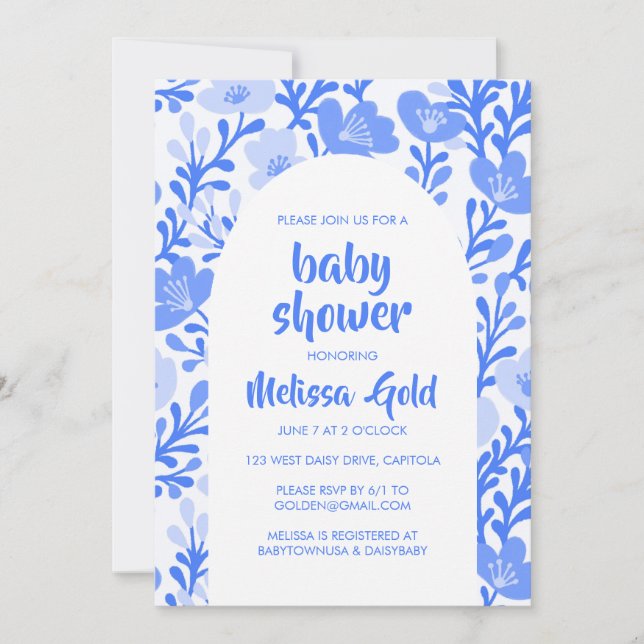 BABY SHOWER Blumenarch Blaue Blume Muster CUSTOM Einladung (Vorderseite)