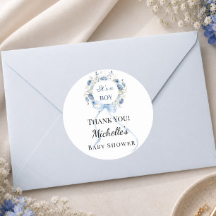Baby-Shower-Blumenkranz Blau Junge Danke Runder Aufkleber