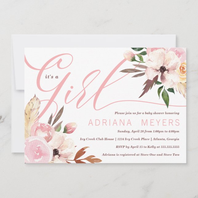 Baby shower Boho, Aquarelle Floral Invitation (Devant)