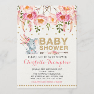 Baby shower Boho Invitation Eléphant Or Rose