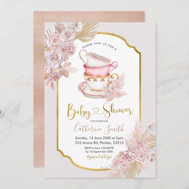 Baby shower Boho Tea Party Invitation (Devant / Derrière)