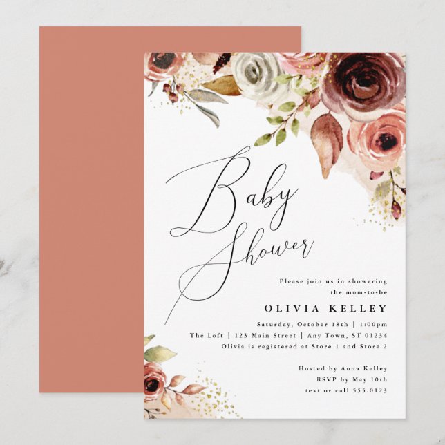 Baby shower Boho, Terme Floral Invitation (Devant / Derrière)