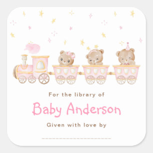 Baby-Shower-Bookplate Bär Rosa Zug Quadratischer Aufkleber