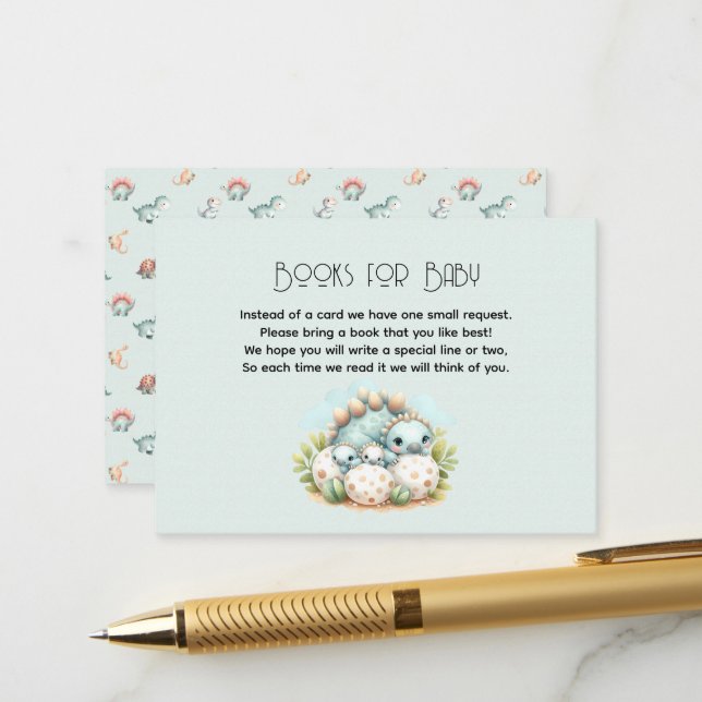 Baby Shower Books for Baby Enclosure Card Dinosaur Begleitkarte (Vorderseite/Rückseite Beispiel)
