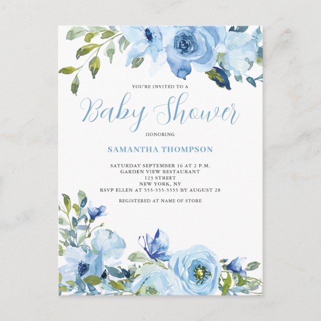 Baby shower botanique floral bleu Invitation (Devant)
