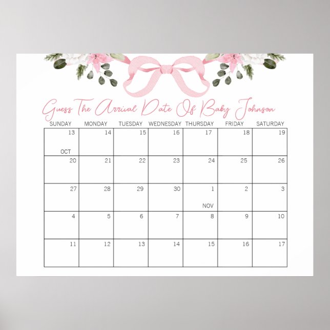 Baby Shower Bow schätzt den Lieferterminkalender Poster (Vorne)