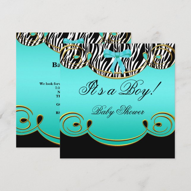 Baby Shower Boy Aquamarin Blue Black Zebra Einladung (Vorne/Hinten)
