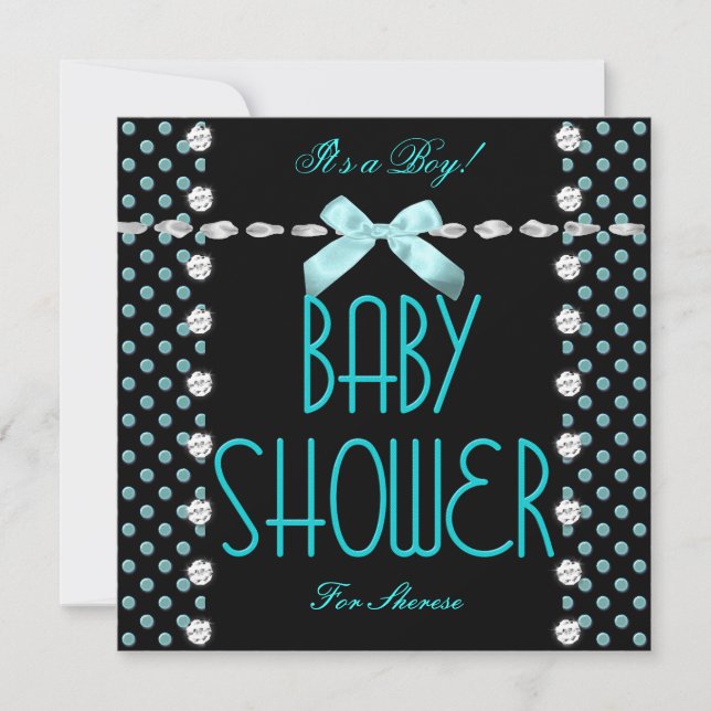 Baby Shower Boy Aquamarin Blue Schwarz-weiß Polka  Einladung (Vorderseite)