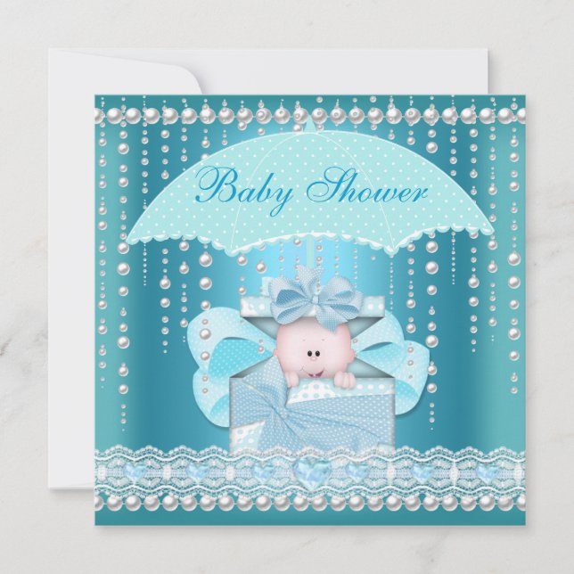 Baby Shower Boy Baby Blue Pearl Umbrella Einladung (Vorderseite)