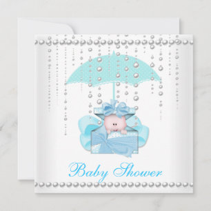 Baby Shower Boy Baby Blue Umbrella Pearl White Einladung