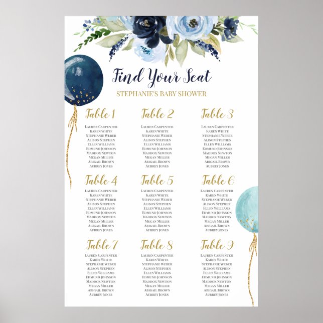 Baby Shower Boy Balloons Sitzplan Poster (Vorne)