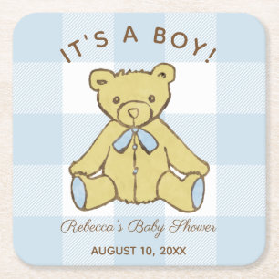 Baby Shower Boy Bär mit Name und Datum Rechteckiger Pappuntersetzer