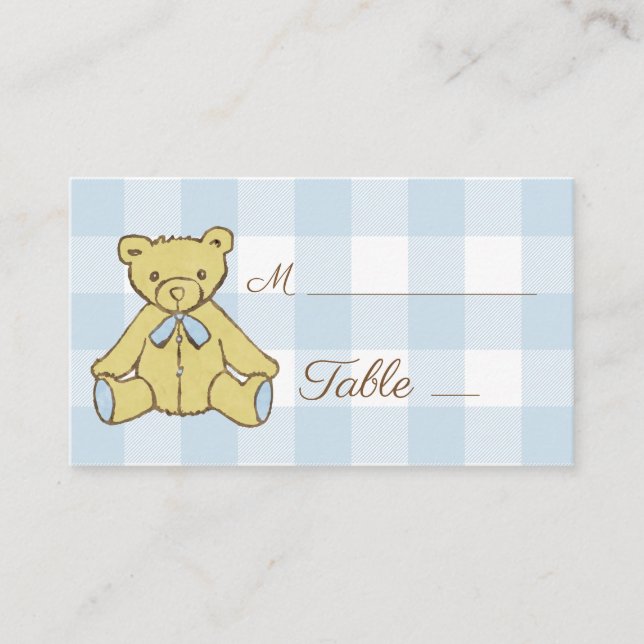 Baby Shower Boy Bear Blue White Kariert Platzkarte (Vorderseite)