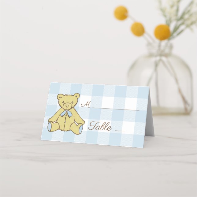 Baby Shower Boy Bear Blue White Kariert Platzkarte (Vorderseite)