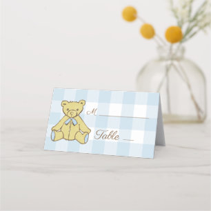 Baby Shower Boy Bear Blue White Kariert Platzkarte