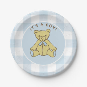 Baby Shower Boy Bear mit Blue Buffalo Karo Pappteller