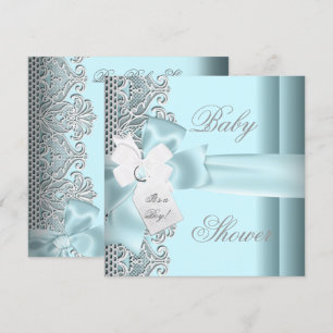 Baby Shower Boy Blue Aquamarin Grau White Lace Einladung