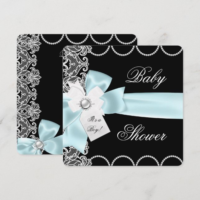 Baby Shower Boy Blue Aquamarine Schwarz-weiße Spit Einladung (Vorne/Hinten)