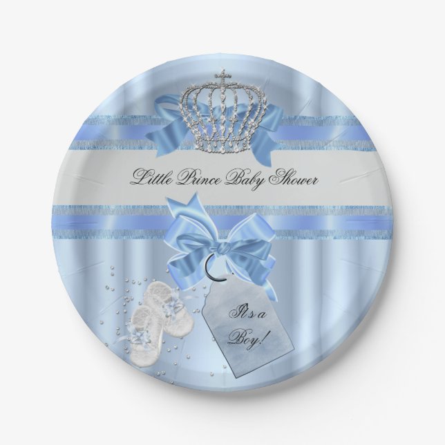 Baby Shower Boy Blue Little Prince Crown 3a Pappteller (Vorderseite)