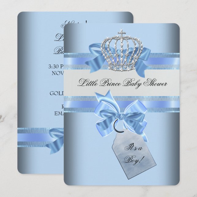 Baby Shower Boy Blue Little Prince Crown Einladung (Vorne/Hinten)