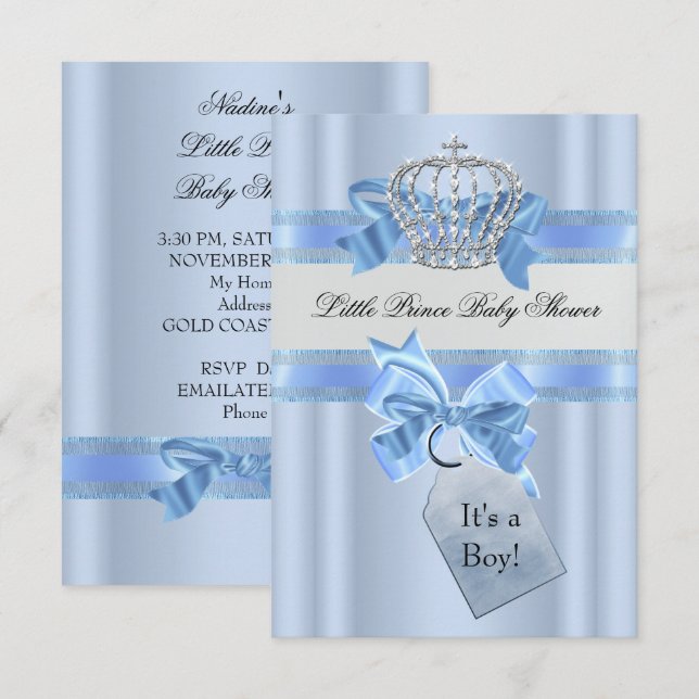Baby Shower Boy Blue Little Prince Crown SML Einladung (Vorne/Hinten)