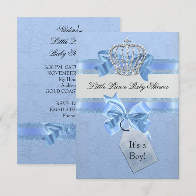 Baby Shower Boy Blue Little Prince Crown SML Einladung (Vorne/Hinten)