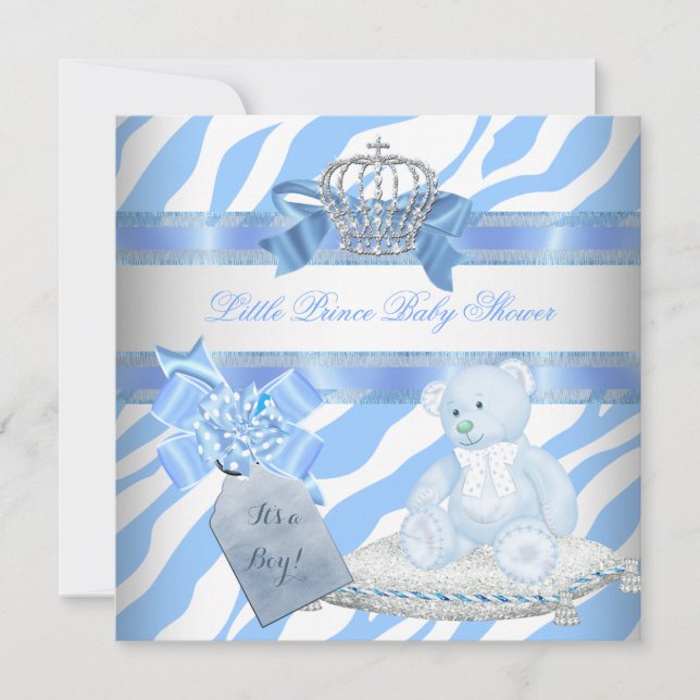 Baby Shower Boy Blue Zebra Prince Crown Teddy Bear Einladung (Vorderseite)