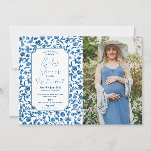 Baby Shower Boy Chintz Blue Foto Floral Ditsy Einladung (Vorderseite)