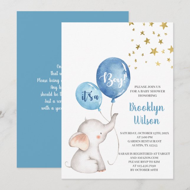 Baby Shower Boy Elephant Einladung (Vorne/Hinten)