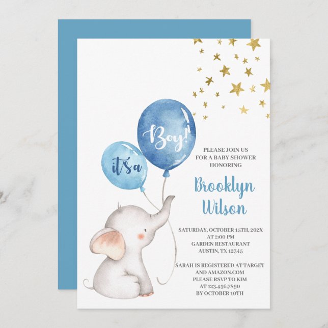 baby shower Boy Elephant Invitation (Devant / Derrière)