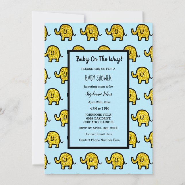 Baby Shower Boy Girl Elephant Animal Gold Glitzer Einladung (Vorderseite)