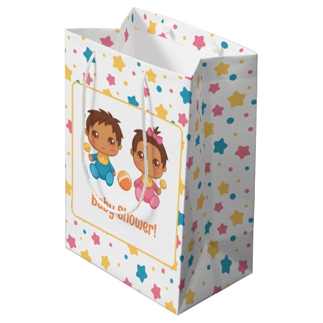 Baby Shower Boy Girl Twins Stars Dark Mittlere Geschenktüte (Rückseite Schrägansicht)