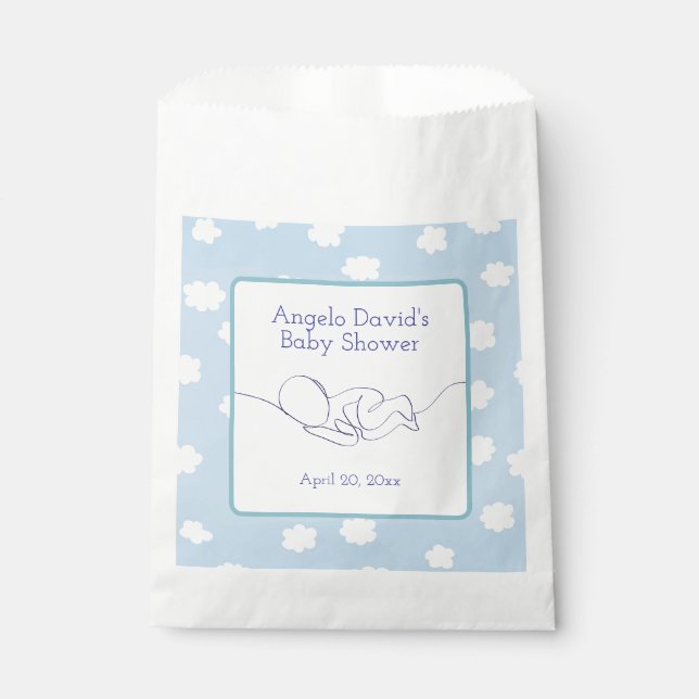 Baby Shower Boy Line Art Blue Sky und Wolken Geschenktütchen (Vorderseite)