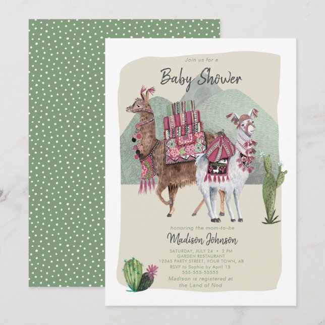 Baby Shower Boy | Llamas & Cactus | Aufforderungen Einladung (Vorne/Hinten)