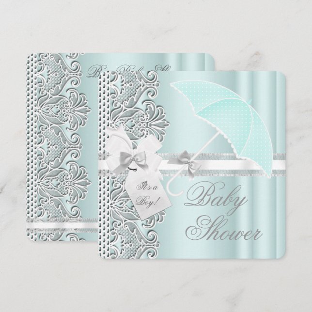 Baby Shower Boy Mint Blue Gray White Lace Einladung (Vorne/Hinten)