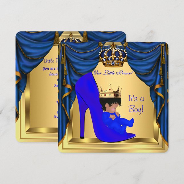 Baby Shower Boy Prince Royal Blue Shoe Gold Einladung (Vorne/Hinten)