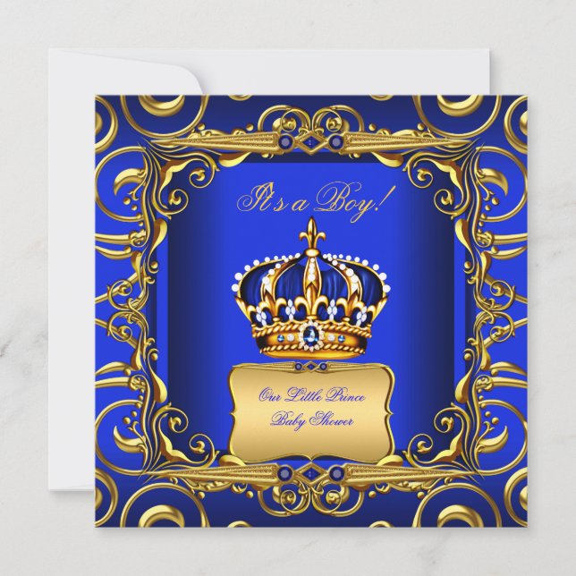 Baby Shower Boy Royal Blue Damask Gold Crown 2 Einladung (Vorderseite)
