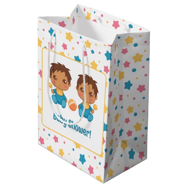 Baby Shower Boy Twins Stars Dark Mittlere Geschenktüte (Rückseite Schrägansicht)