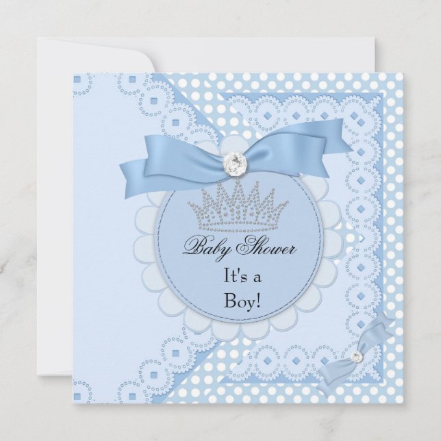 Baby Shower Boy White Blue Prince Crown Einladung (Vorderseite)